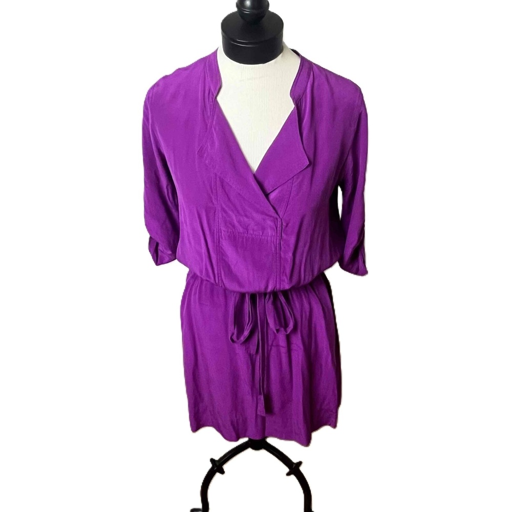 Eliza J Purple Silk Roll Tab Sleeves Tie Waist Lapel Mini Dress‎ Size 6
